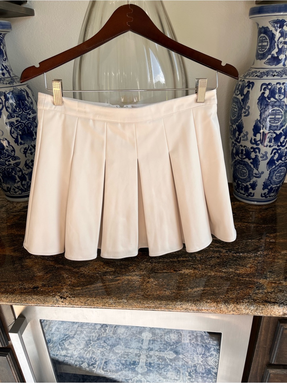 TCEC Pleated Mini Skirt in Light Cream and Zara blouse